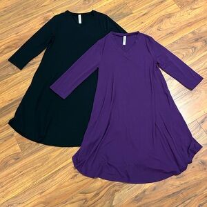 Zenana Premium pocket dress 3/4 sleeve. Solid black and Plum colors. Set of 2.